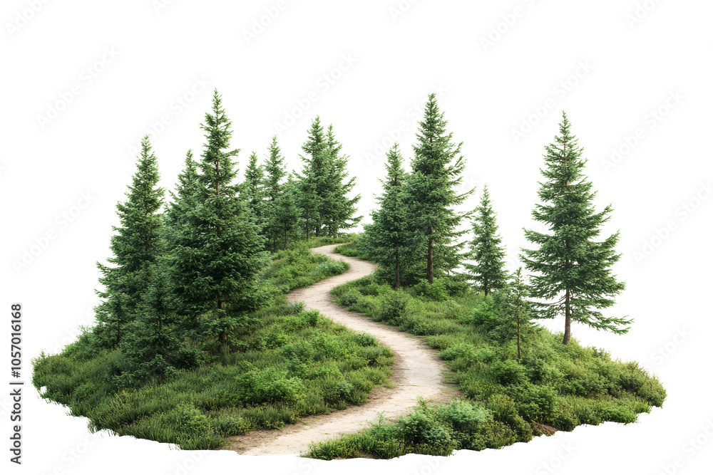 Poster a serene winding path through a lush forest, surrounded by vibrant green trees and foliage. ideal fo