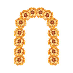 Vibrant marigold flower arch arrangement, ideal for Day of the Dead, ceremonies, and floral displays