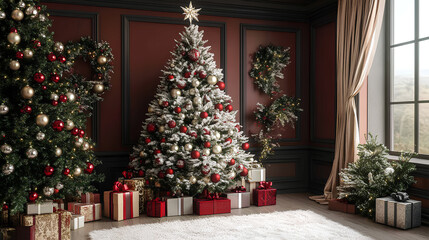 Festive 3D Christmas tree with red and silver ornaments and presents below
