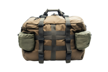 A sturdy military-style duffel bag with dual side pockets, ideal for travel and outdoor adventures.