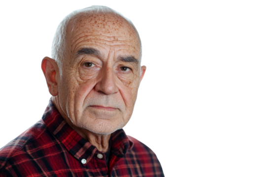 A thoughtful elderly man with a plaid shirt, gazing directly at the camera with a serious expression.