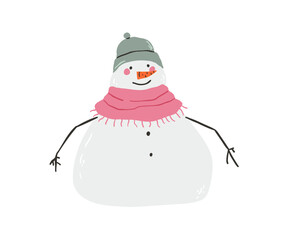 Cute snowman drawn in flat style. Winter, holidays, snow. Hand drawn vector illustration.