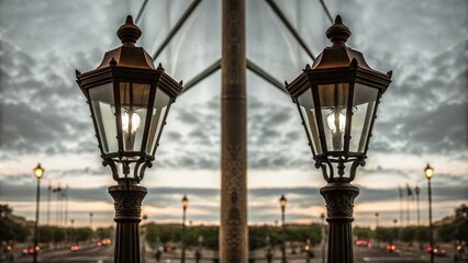 Captivating Double Exposure of an Old Lamppost with Cityscape Silhouette for Urban Aesthetic