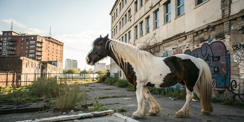 Naklejka premium Captivating Gypsy Vanner Horse Stallion Portrait in Urban Exploration Setting