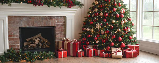Holiday setting with a decorated Christmas tree, red baubles, and wrapped gifts