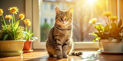 Naklejka premium Golden Hour Tabby A Cat Basking in Window Light with Yellow Flowers and Sunbeams