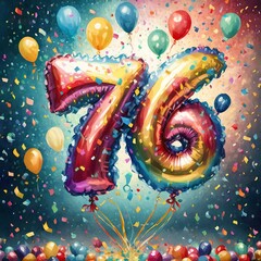 Birthday / anniversary balloon, number 76, colorful illustration with confetti and festive decoration
