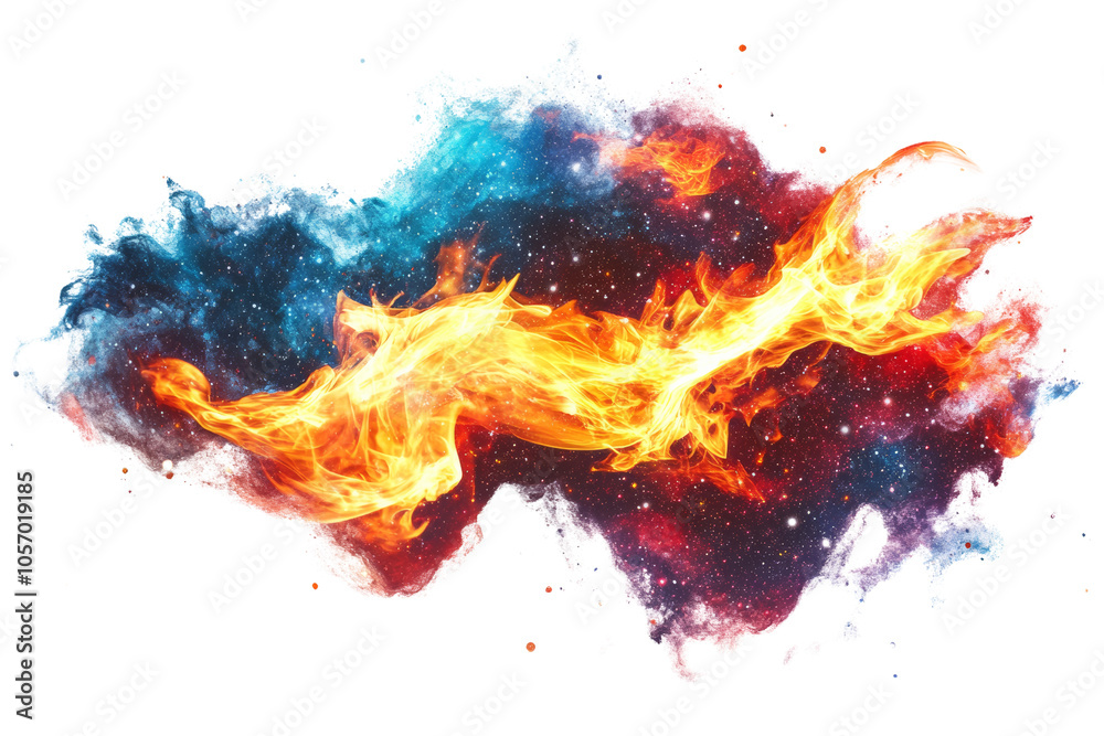 Poster A vibrant blend of fire and cosmic colors, creating a dynamic visual explosion on a dark background.