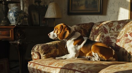 Obraz premium Beagle on a Sofa in a Sunlit Room
