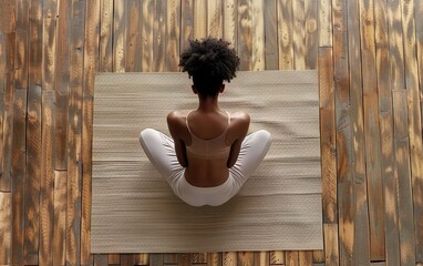 Naklejka premium Black woman doing yoga meditating sitting in lotus pose, modern floor background, back aerial top view. Balanced routine, inner glow, peace of mind, vitality, wellness, health, self care concept