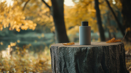 An empty skincare bottle set placed on a tree stump, organic, nature