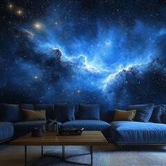 Blue Nebula Art Highlighting Modern Living Room Stunning Cosmic Visual Appeal picture