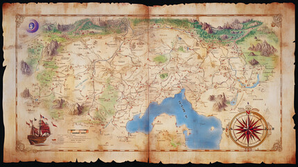 Hand-drawn fantasy map with mountains, forests, and a compass.