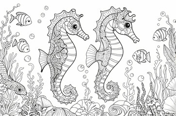 Fototapeta premium Seahorse and Shoal of Fish - Zentangle Art Coloring Page