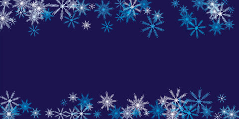 Horizontal frame with snowflakes falling down into darkness Snowfall. Vector illustration.