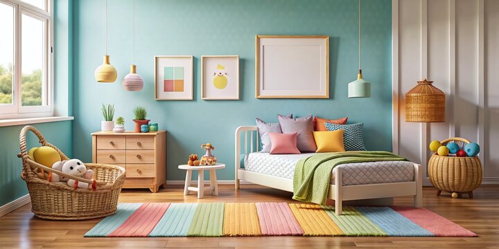 Children's Bedroom Mockup with Wicker Furniture and Blank Frame for Personalization