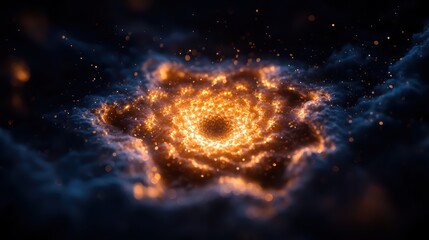 A stunning cosmic view of a swirling galaxy, featuring vibrant orange and blue hues against a dark background, evoking the vastness of the universe.