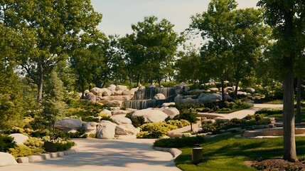 Fototapeta premium Serene pathway through a lush park with a cascading waterfall and stone formations.