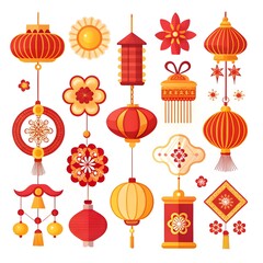 Traditional Chinese New Year Lanterns and Festive Decorations Icons vector set