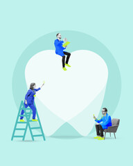 Contemporary art collage. Healthcare workers creatively engaging with large tooth icon, representing playful approach to pediatric dentistry. Concept of pharmacy, healthcare, check-up, medicine. Ad