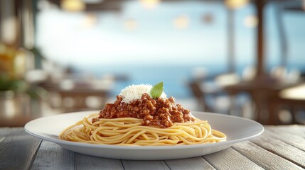 Ultra-realistic photo of a plate of Spaghetti Bolognese in an Italian seaside restaurant, the plate prominently in the foreground,generative ai