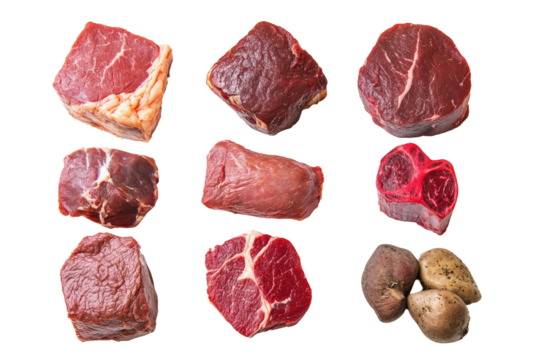 Assorted cuts of raw meat displayed on a white isolated background showcasing different textures and colors.