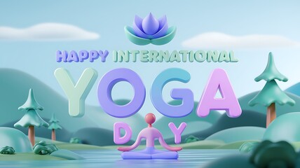 3D Illustration of Happy International Yoga Day with a Figure in Lotus Pose