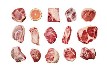 Assorted raw meat cuts arranged on a black background, showcasing various types and textures.