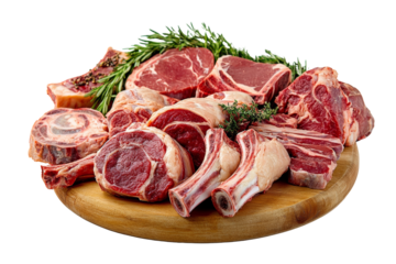 Assorted raw meat cuts displayed on a wooden board with fresh herbs for flavor enhancement.