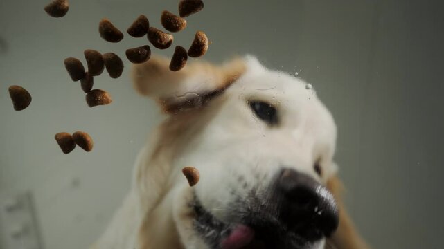 Hungry golden retriever eats dry food, bottom view through a transparent bowl