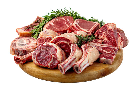 Assorted raw meat cuts displayed on a wooden board with fresh herbs for flavor enhancement.