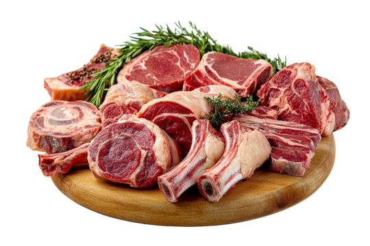 Assorted raw meat cuts displayed on a wooden board with fresh herbs for flavor enhancement.