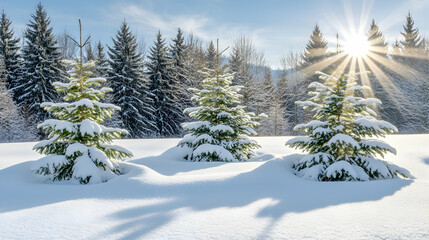 Three snow-covered pine trees in a snowy field with sun shining through the branches.