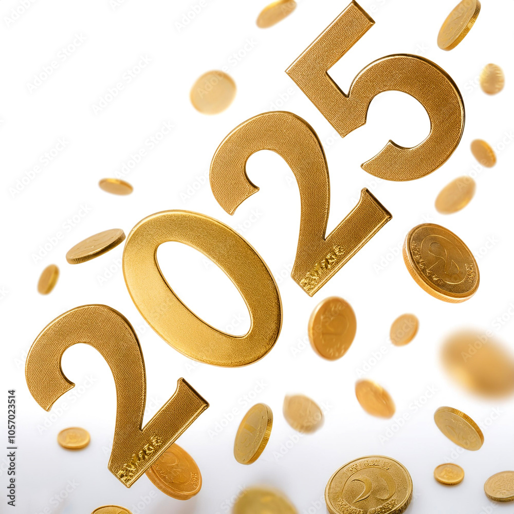 Fototapete gold coins form the combined number 2025 floating or flying pattern on side position provides copy s