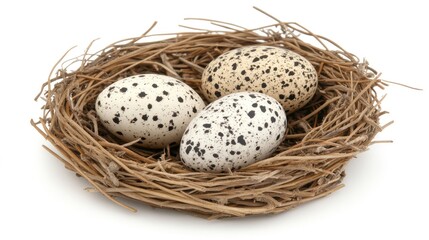 A rustic birds nest with three beautifully speckled eggs resting atop a soft, blurred background, capturing the essence of nature's artistry