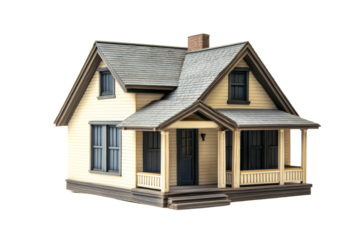 Charming house model with a porch, showcasing classic architecture against a white isolated background.