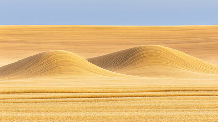 Two rolling hills of golden wheat field in a vast landscape under a blue sky.
