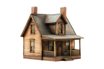 Charming wooden house with porch, detailed architecture, white isolate background.