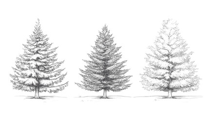 Architectural Drawings Minimal style cad tree line drawing set of green fir trees isolated on the white background, Christmas pine tree vector illustration outline symbol for landscape design drawing