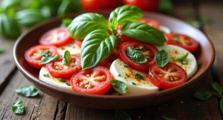 A fresh caprese salad with mozzarella, tomatoes, and basil on a rustic wooden table