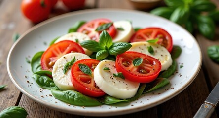 A fresh caprese salad with mozzarella, tomatoes, and basil on a rustic wooden table