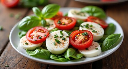 A fresh caprese salad with mozzarella, tomatoes, and basil on a rustic wooden table