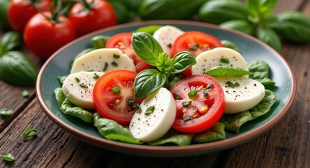 A fresh caprese salad with mozzarella, tomatoes, and basil on a rustic wooden table
