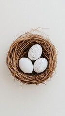 Rustic birds nest featuring three speckled eggs, beautifully arranged on a pristine white background for a serene Easter theme
