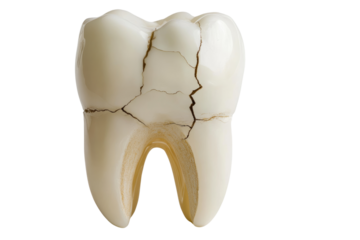 Close-up of a cracked tooth revealing its internal structure, white isolated background.