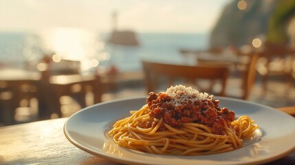 Ultra-realistic photo of a plate of Spaghetti Bolognese in an Italian seaside restaurant, the plate prominently in the foreground,generative ai