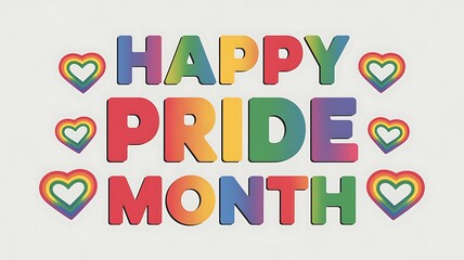 Fototapeta premium Rainbow Text and Hearts for Happy Pride Month