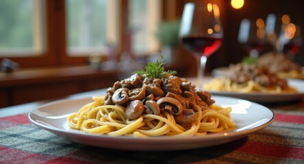 A hearty plate of beef stroganoff with mushrooms and noodles on a winter
