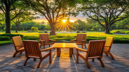 Wooden chairs and table in a park with a sunrise in the background.