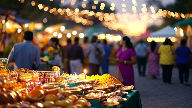 Vibrant Diwali market alive with colorful stalls and joyful celebrations.